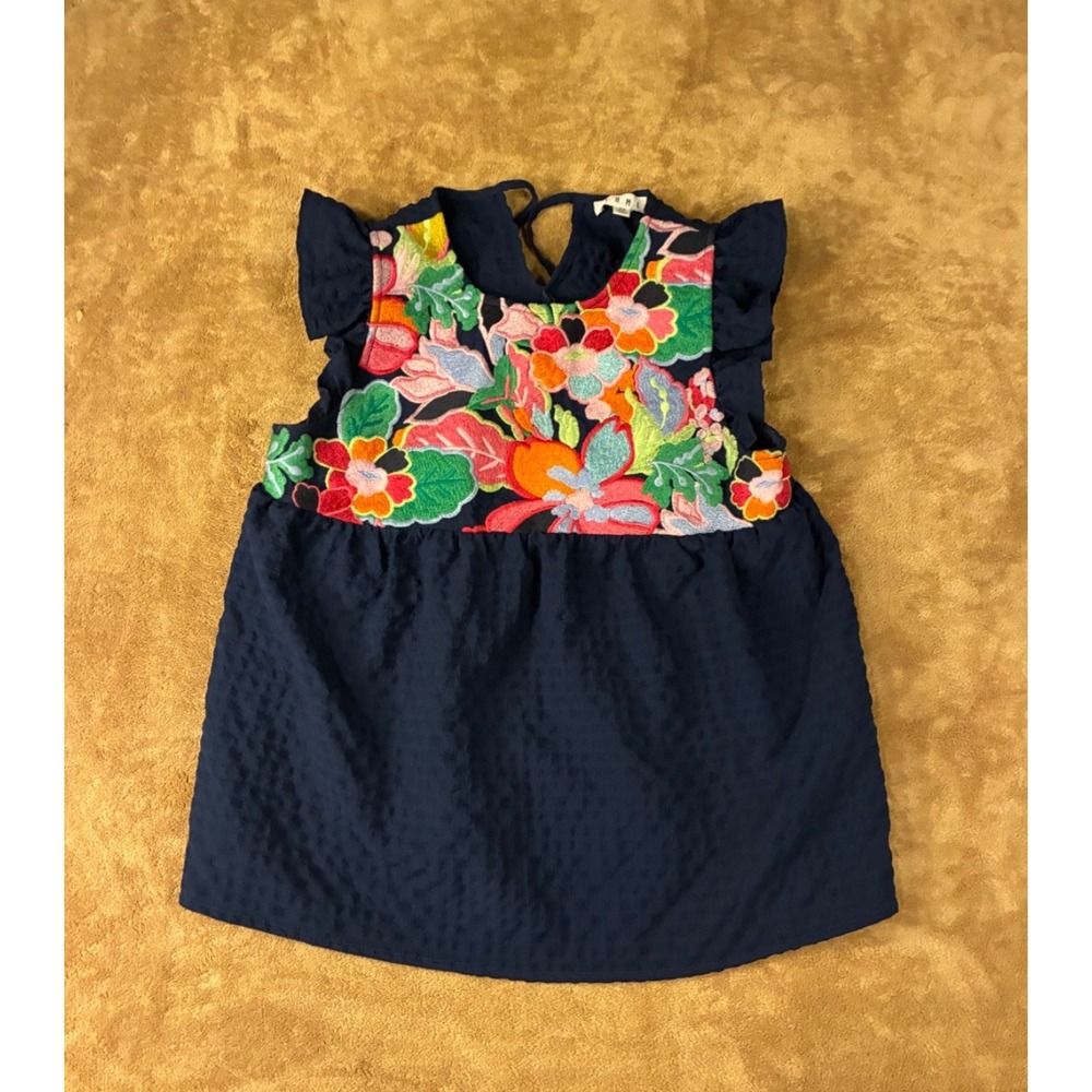 THML Womens Top Navy Blue Floral Embroidered Babydoll Blouse XS Flutter Sleeve